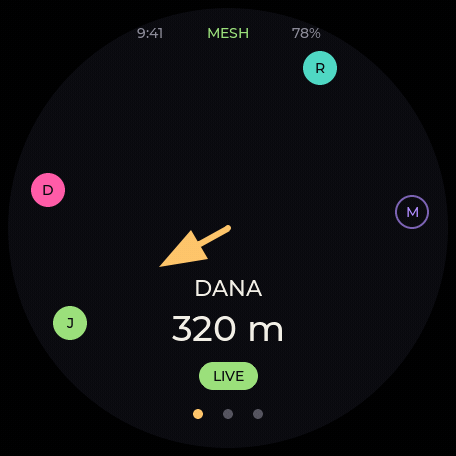 Firefly's round screen showing the radar face with an arrow pointing toward a crew member