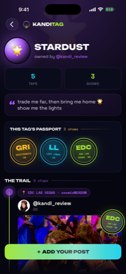 KandiTag showing a bead named Stardust with its passport of shows and trail of posts