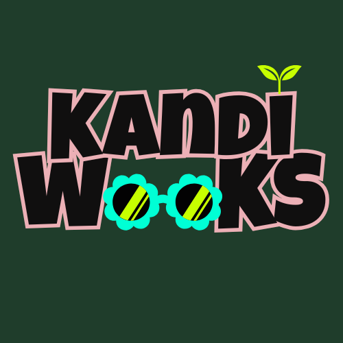 Kandiwooks logo: the word Kandiwooks with flower sunglasses for the two O's and a sprout growing from the I