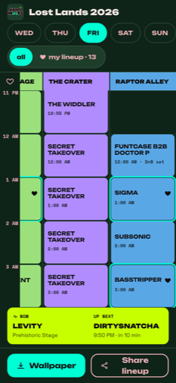 Set Times showing the Lost Lands 2026 Friday grid with picked sets highlighted